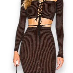 h:ours Revolve Burgundy Black Striped Lace Up Long Sleeve Crop Top Small